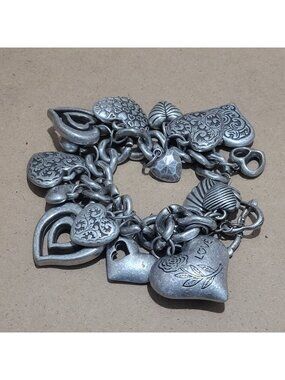 Chunky Silver Tone Charm Bracelet Multiple Puffed Heart Charms Varied Decorative